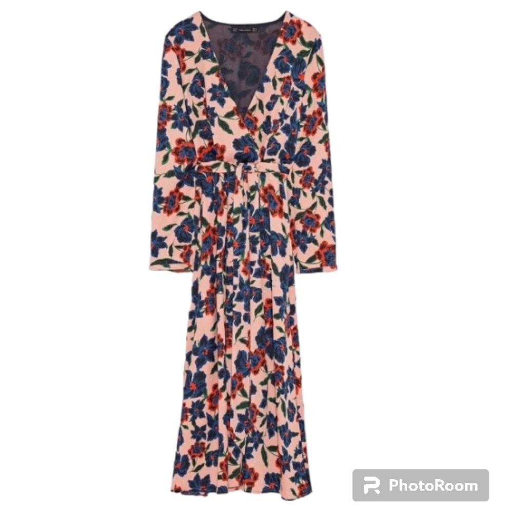 ZARA Trafaluc Wrap Floral Midi Dress Long Sleeve - Picture 5 of 12